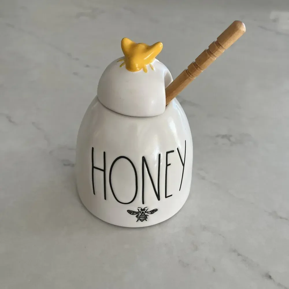 Rae Dunn Ceramic HONEY Pot/ Jar With Wooden Honey Dipper & Yellow Bee Lid